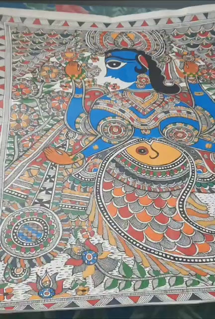 Madhubani or Mithila Painting. Half and Half of Lord Vishnu and Fish Theme.