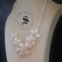 Cultured Pearl and MOP short floral Necklace set.