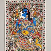 Madhubani or Mithila Painting. Half and Half of Lord Vishnu and Fish Theme.